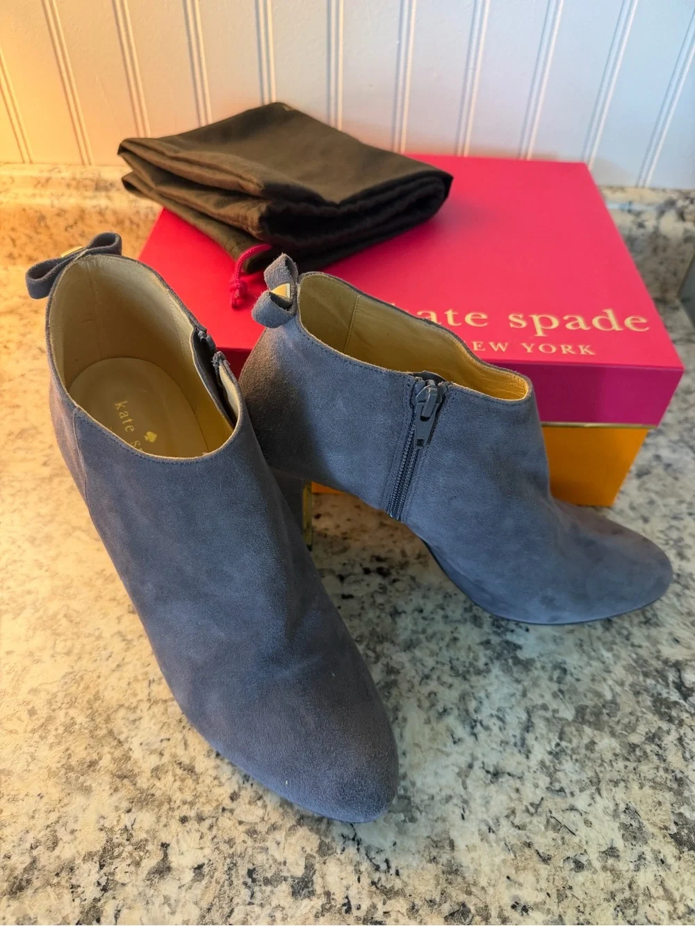 kate spade Gray Suede Pointed Toe Ankle Booties Gold Bow Accent Box Dust Bag